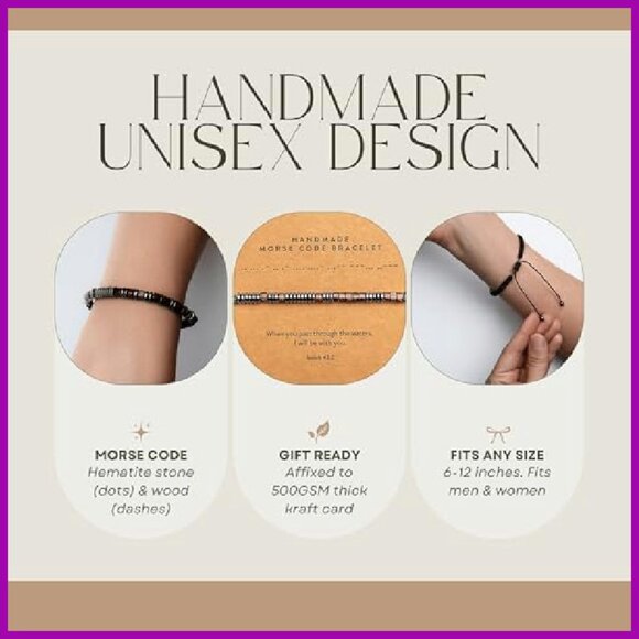 Handmade Adjustable Morse Code Bracelet Wood Hematite Beads Religious Gift - Picture 3 of 7